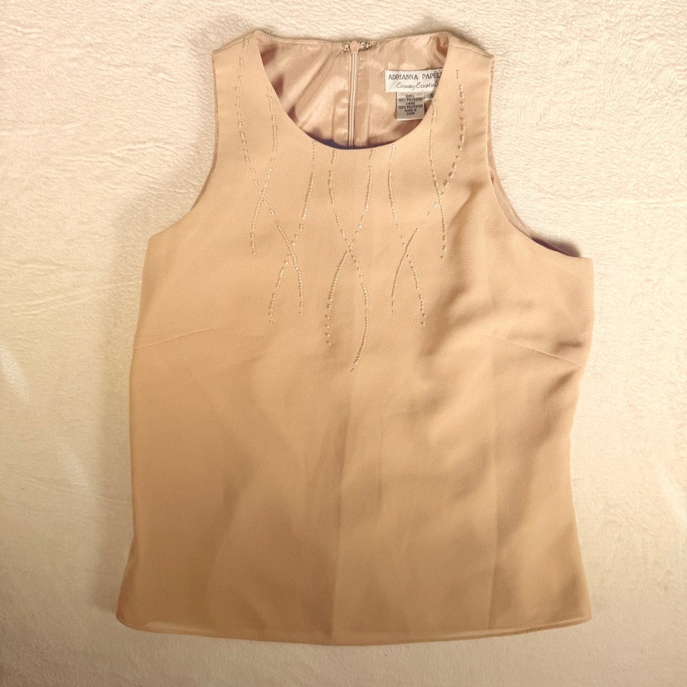 Adrianna Papell Vtg Evening Essentials Sleeveless Beaded Shell Womens Sz S Beige